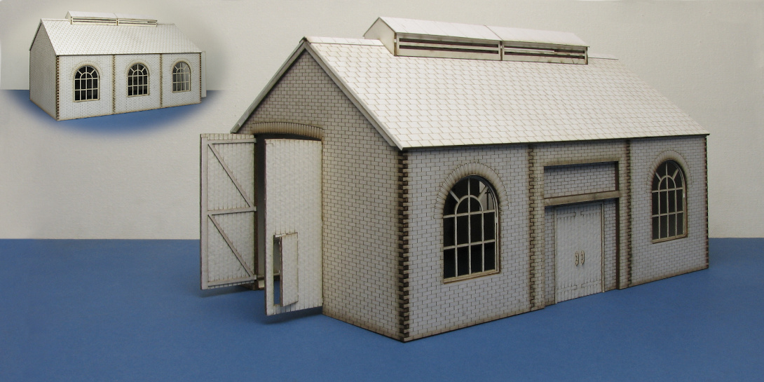B 7N-01 O-16.5 large engine shed Large engine shed kit designed from O-16.5. This kit includes parts to build the shed as either drive through or as close ended. The side door can also be replaced with included window panel and can be repositioned to any location on the side wall.
